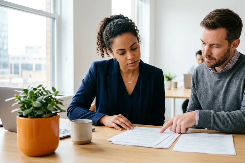 Technical recruiter and hiring manager reviewing engineering candidate resumes together