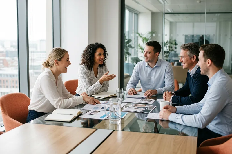 A KORE1 account team meeting with client leaders around a conference table to plan a seasonal temporary hiring push