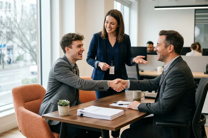A KORE1 advisor introducing a temporary professional to a hiring manager during a first-day onboarding at a desk