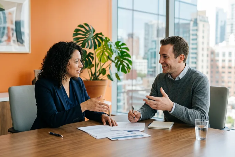 An operations manager and a KORE1 advisor planning seasonal coverage over a printed wall calendar in a warehouse office