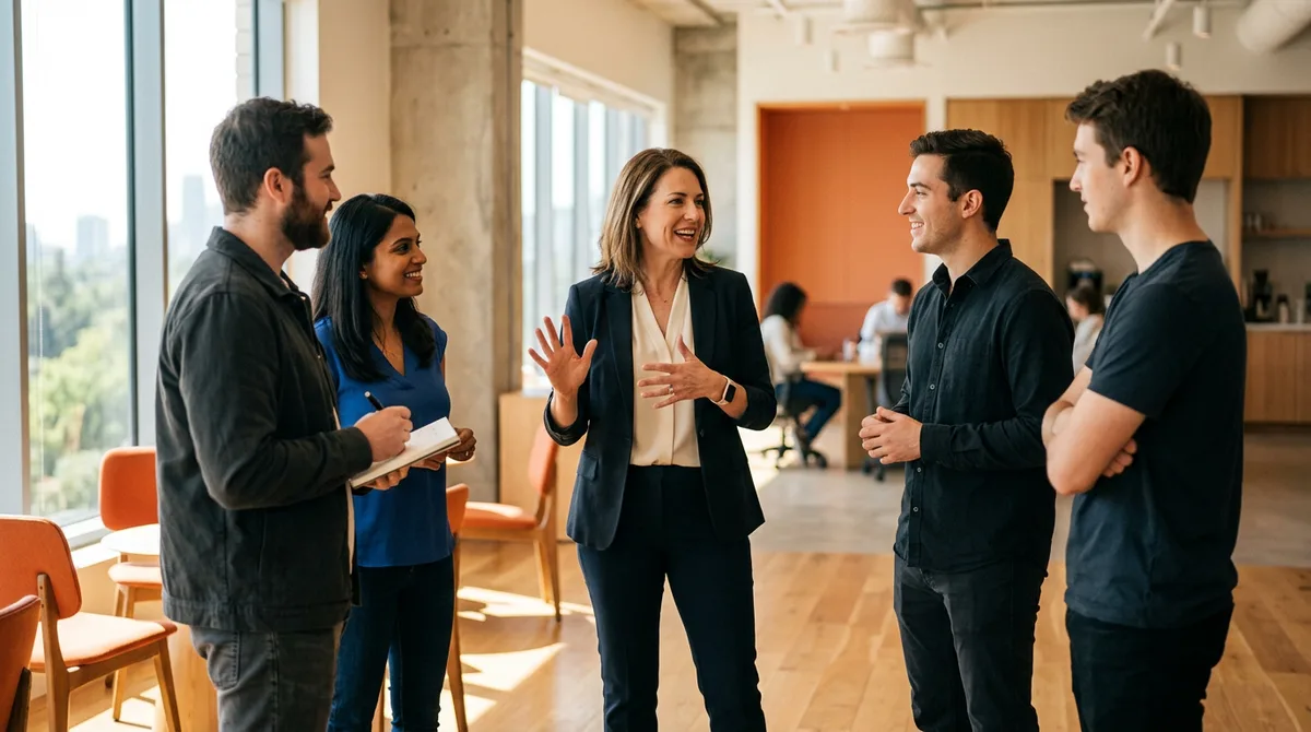 Vice President of Engineering leading a collaborative discussion with a software engineering team