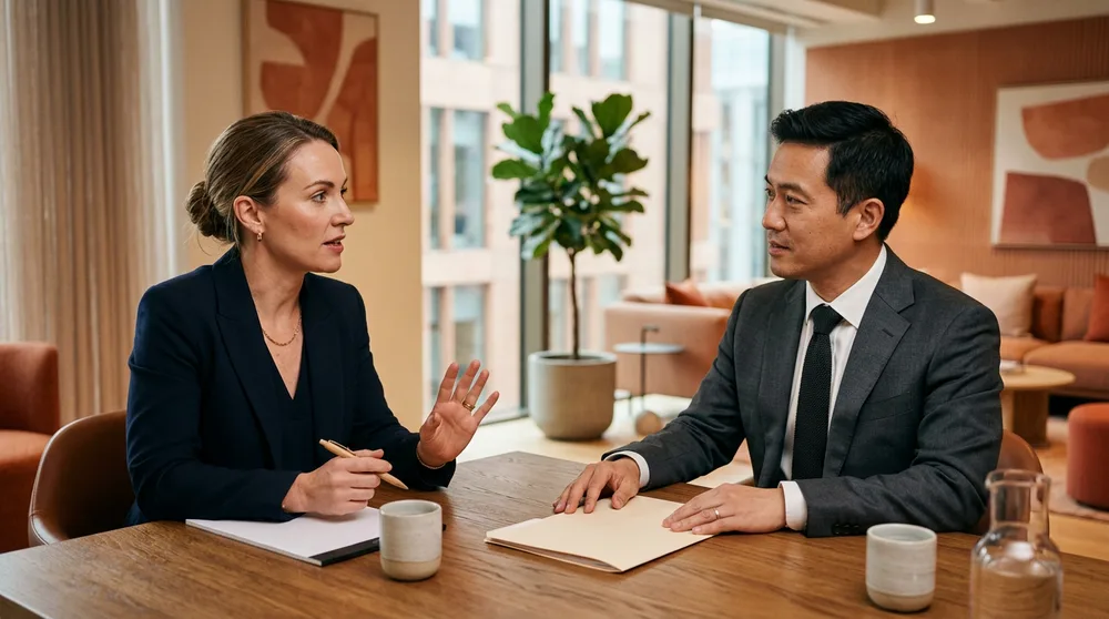 KORE1 executive recruiter evaluating a VP of Engineering candidate in a one-on-one interview