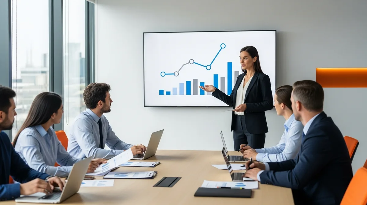 Vice President of Finance leading a financial review with a finance team in a modern office