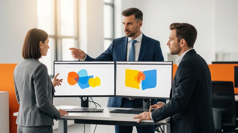 VP of Finance reviewing forecasts and financial statements with two finance managers