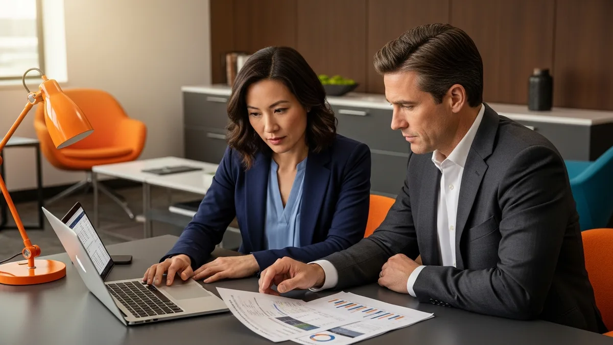 Two executives reviewing a VP of product compensation and equity offer at a desk