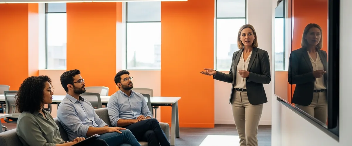 Vice president of product leading a product strategy session with the leadership team in a modern office