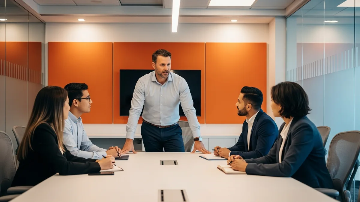 VP of product presenting a product roadmap to the leadership team in a conference room