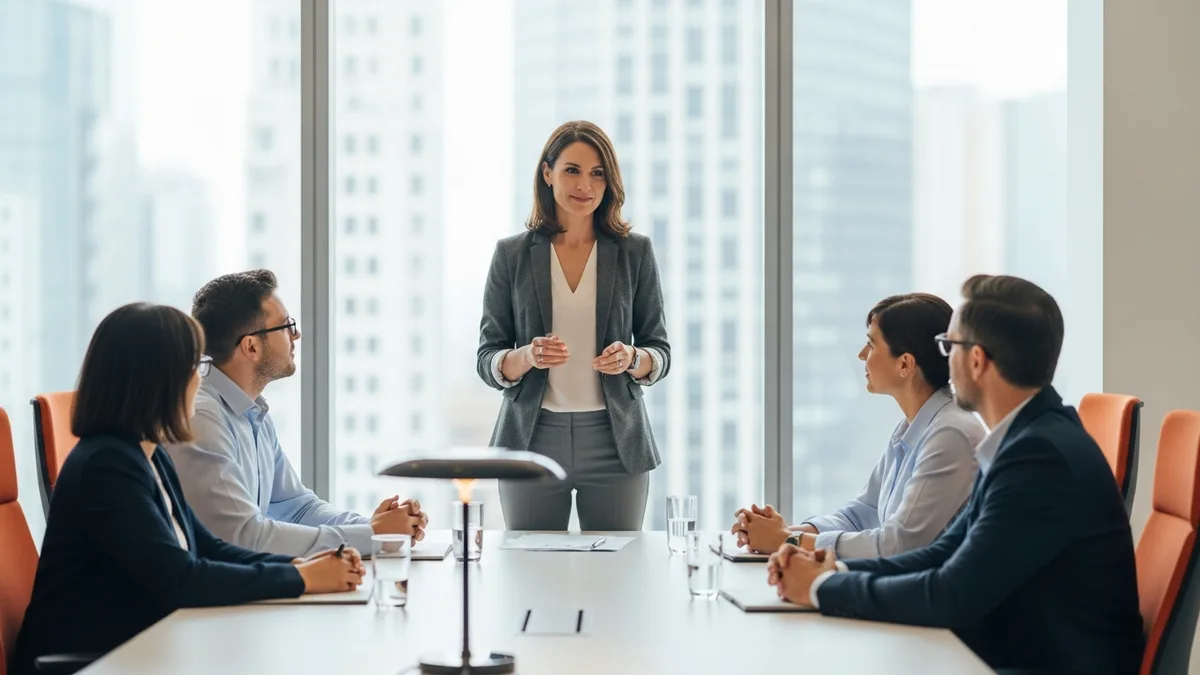 VP of Product presenting product strategy to an executive leadership team in a bright modern boardroom, placed by KORE1