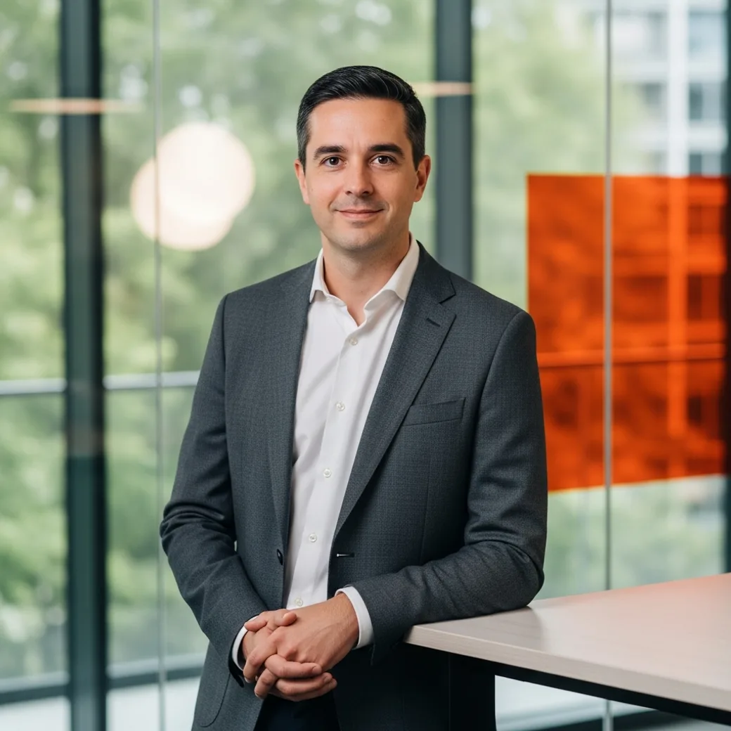 Confident VP of Product placed by KORE1 standing in a bright modern office with glass walls