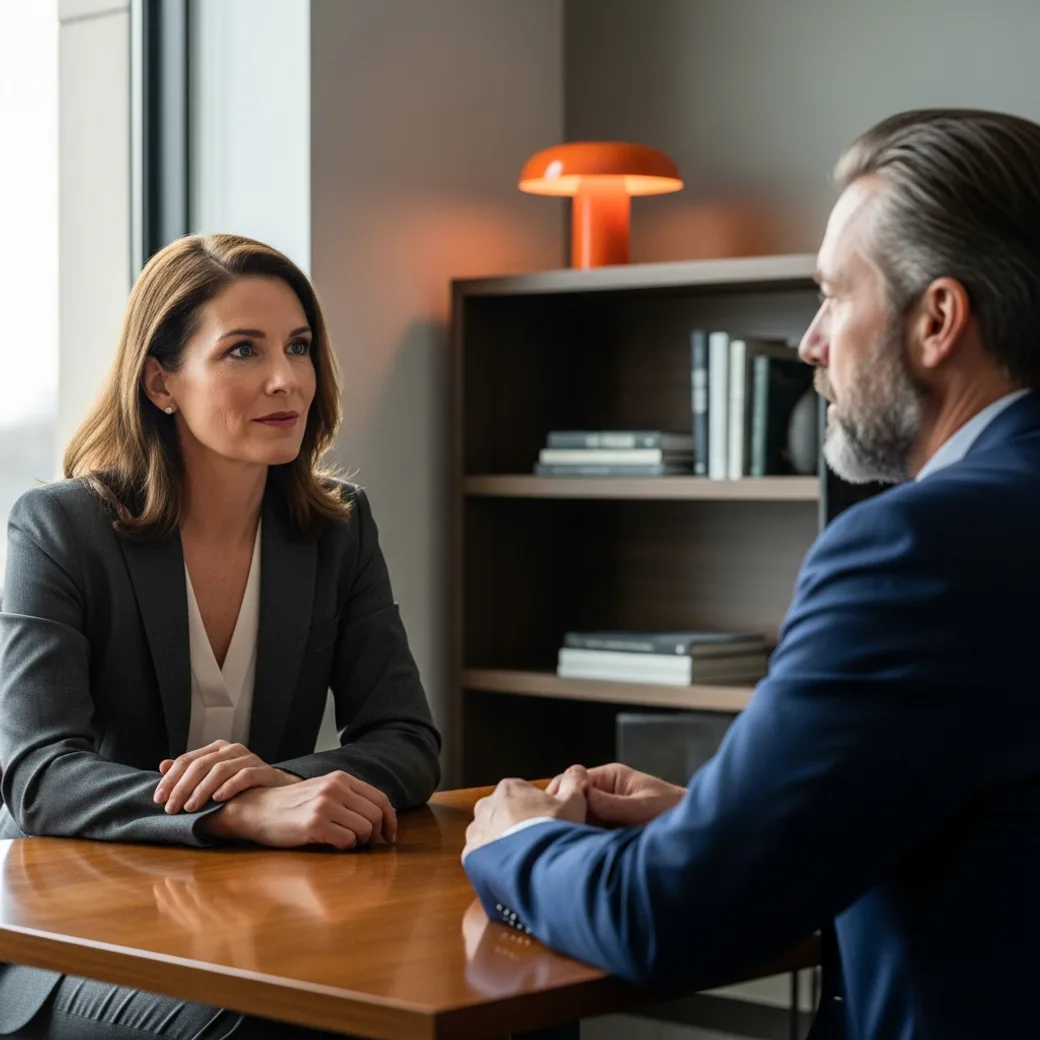 KORE1 executive recruiter in a focused conversation with a senior product leader candidate during a calibrated screen