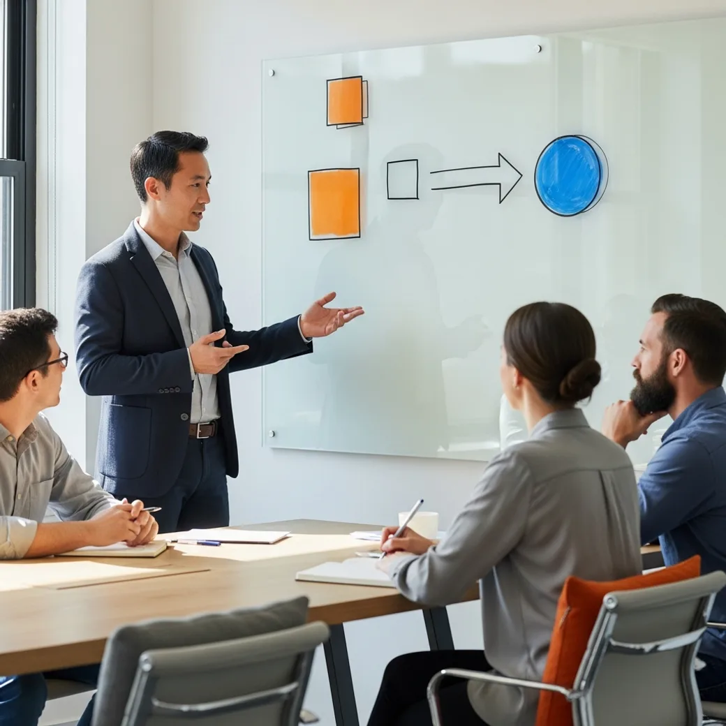 VP of Product leading a cross-functional product strategy session at a glass whiteboard with engineers and a designer