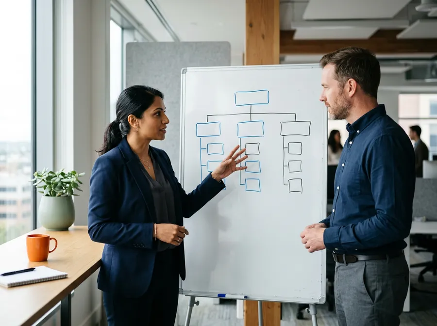 KORE1 recruiter and a marketing director reviewing a hand-sketched website sitemap on a whiteboard during a web developer staffing consultation