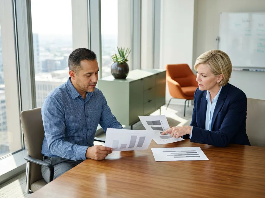 Hiring manager and KORE1 recruiter comparing printed web developer salary benchmark sheets across a conference table