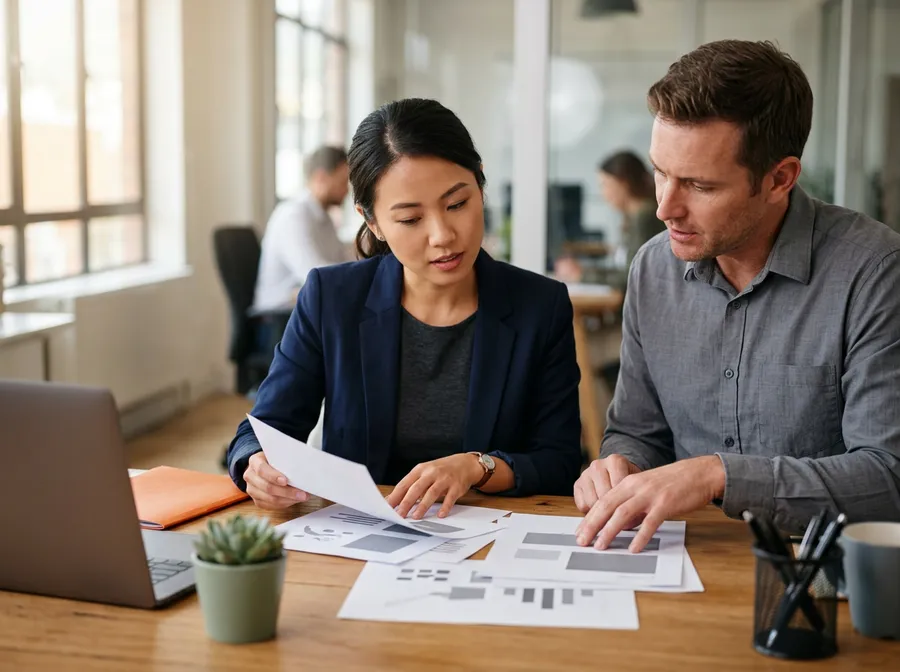 KORE1 recruiter reviewing printed web developer candidate scorecards and portfolio notes at a desk with a colleague