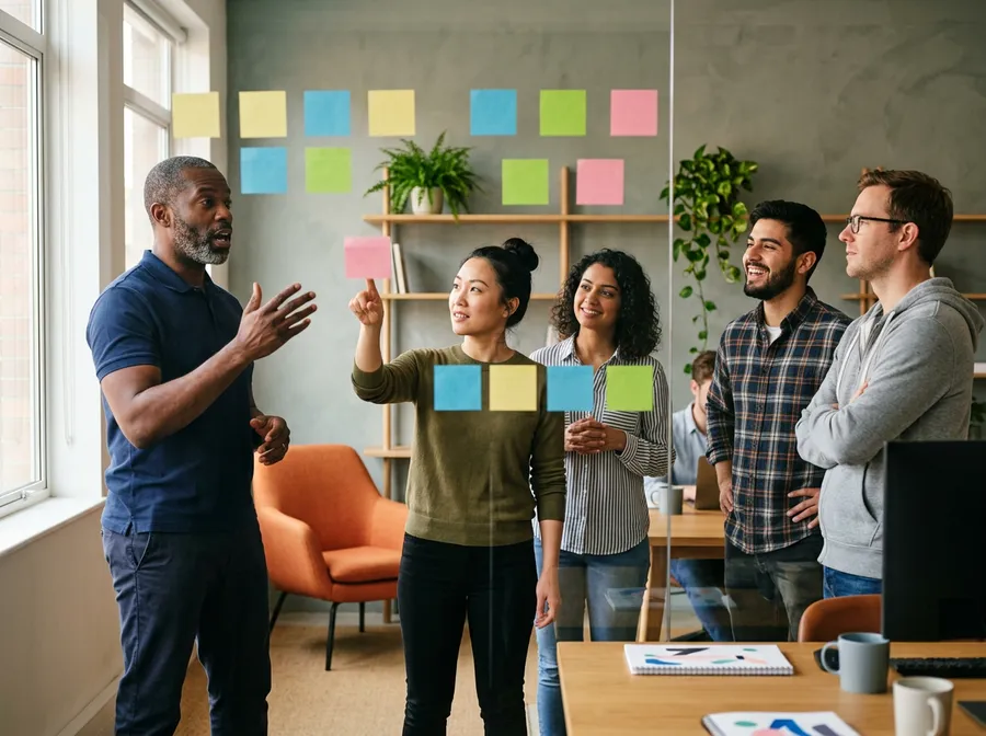 Web development team at a standup meeting reviewing project tasks on sticky notes arranged on a glass kanban board in a modern office