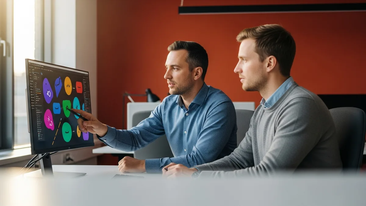 Technical product manager pointing at a product interface on a monitor while a software engineer reviews it beside him at a desk in a warm modern office
