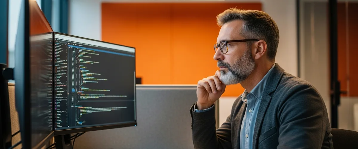 Senior software engineer reviewing AI-generated code on a monitor in a modern office