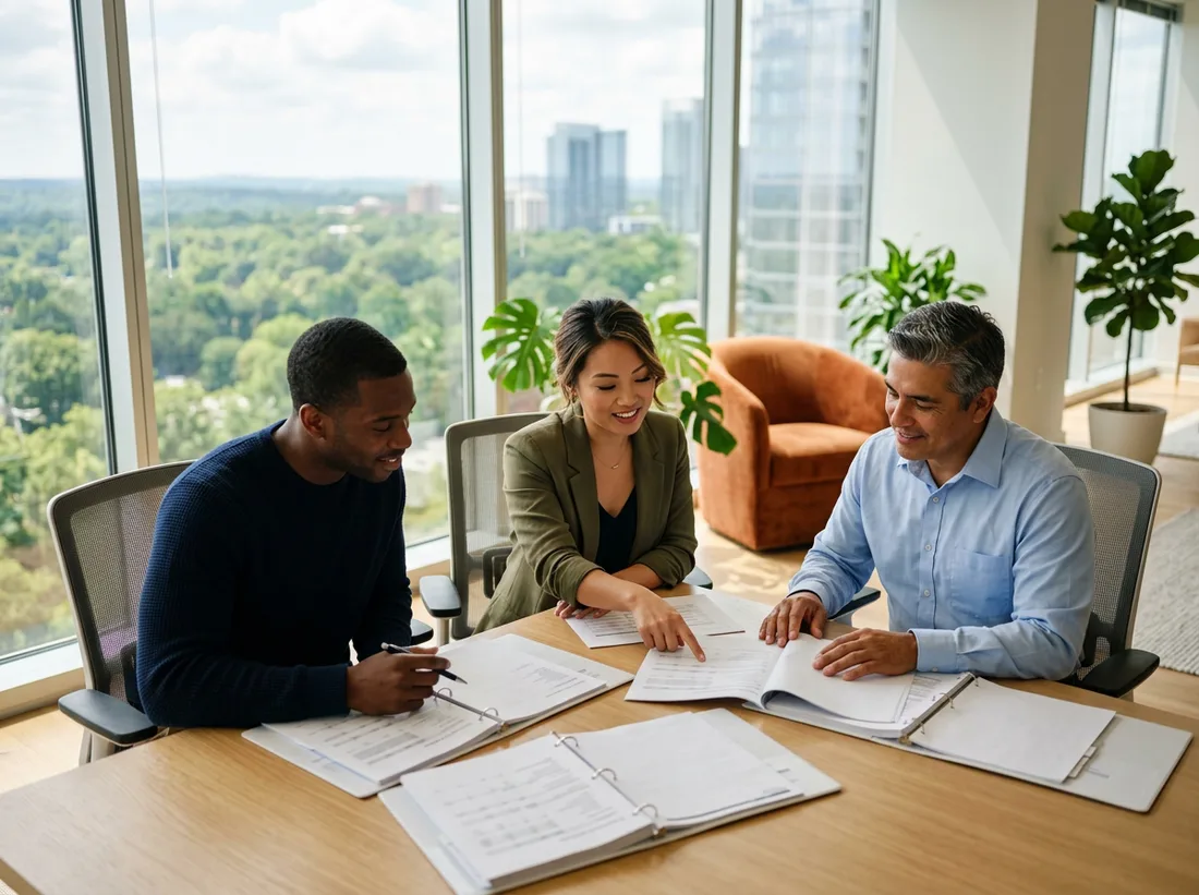 Accounting and finance professionals reviewing printed reports in a Midtown Atlanta high-rise office with the tree-lined skyline behind them, KORE1 accounting staffing
