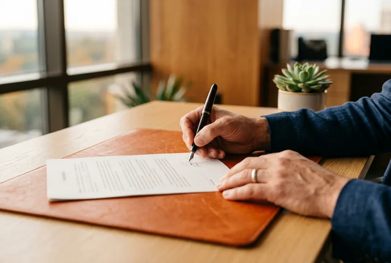 Hands signing an accounting hire agreement at a desk in an Atlanta office