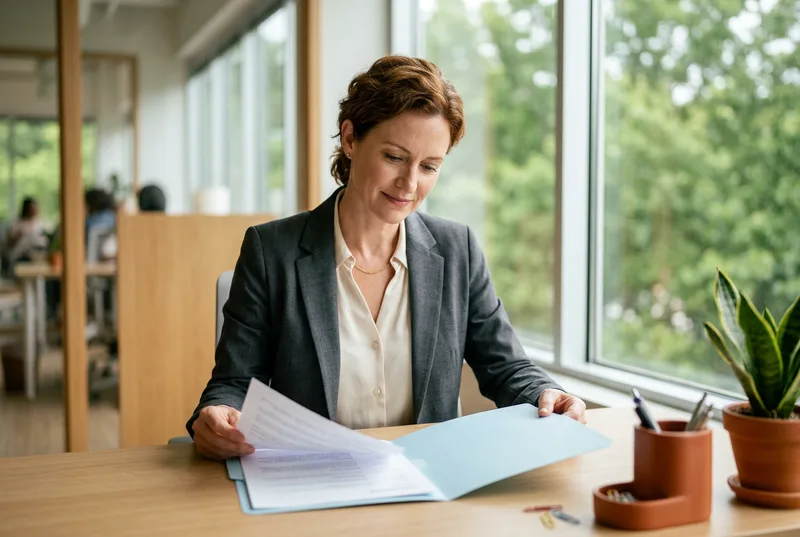 KORE1 recruiter reviewing a printed accountant candidate resume for an Atlanta finance team