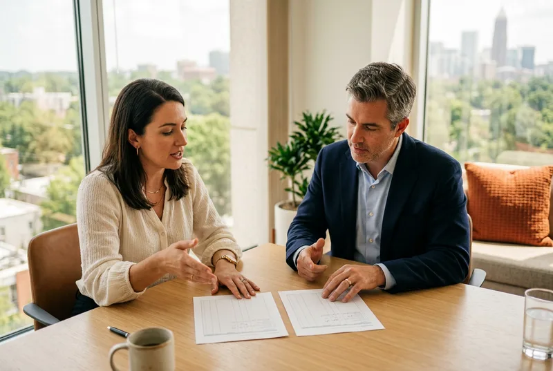 Finance hiring manager and KORE1 recruiter comparing contract and direct-hire options in an Atlanta office