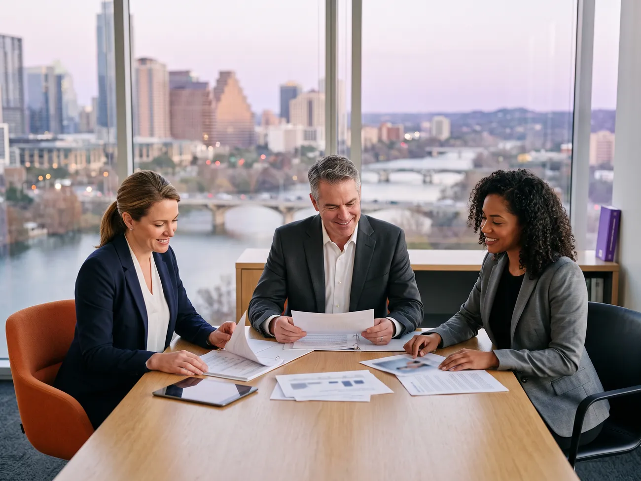 Accounting and finance professionals reviewing printed reports in a downtown Austin office with the Colorado River, the Congress Avenue bridge, and the Austin skyline behind them, KORE1 accounting staffing