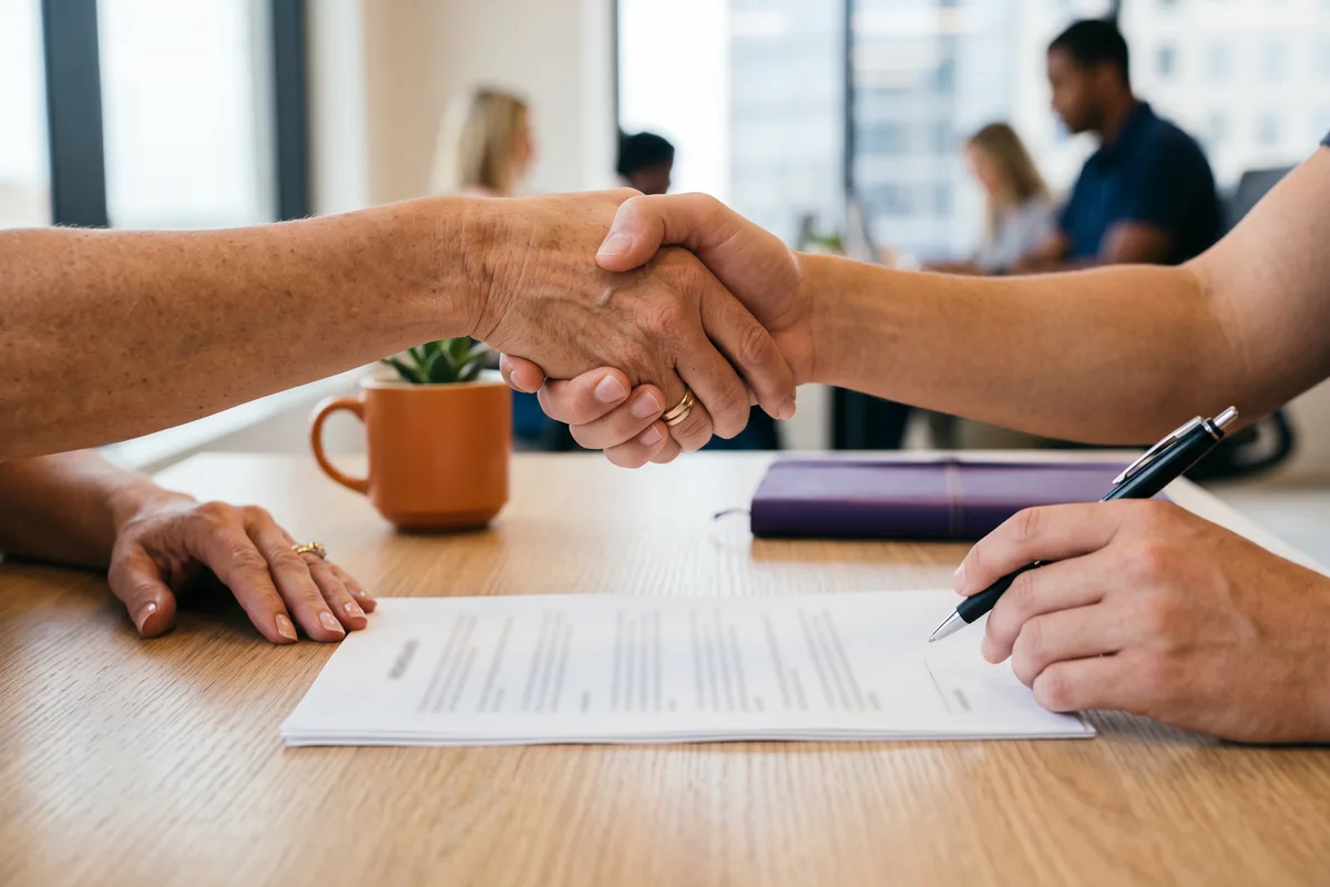 Hands finalizing an accounting hire agreement at a desk in an Austin office