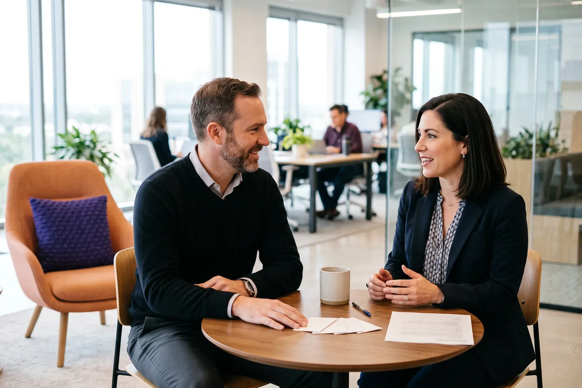 Finance hiring manager and KORE1 recruiter comparing contract and direct-hire options in an Austin office