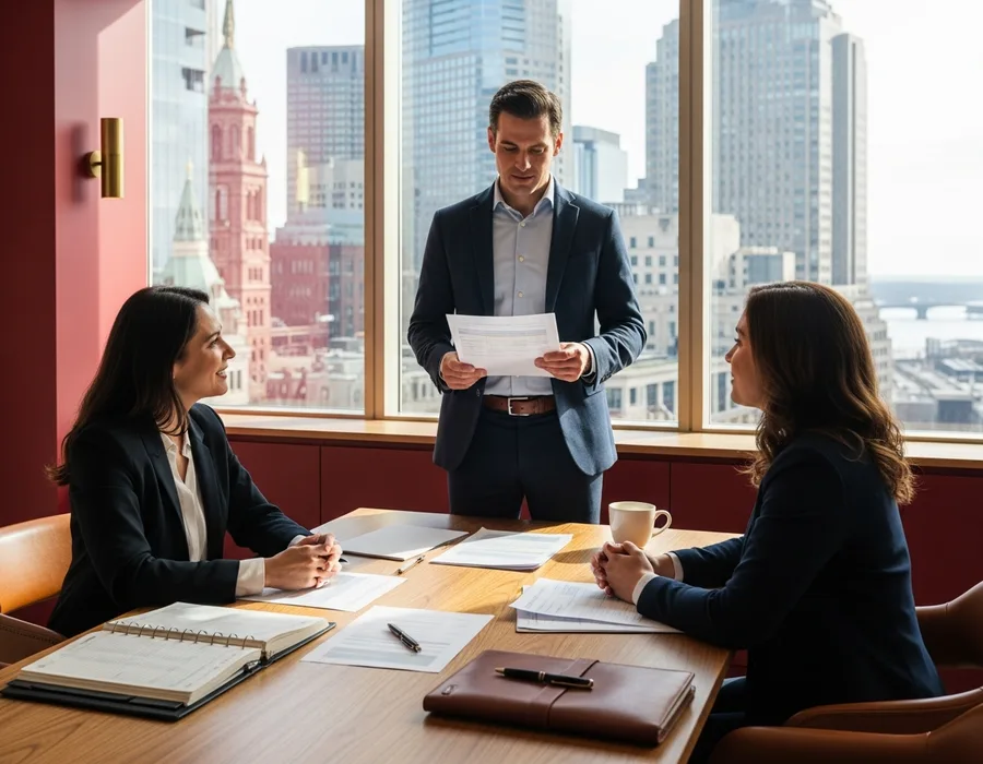 Accounting and finance professionals collaborating in a downtown Boston office overlooking the Financial District, KORE1 accounting staffing
