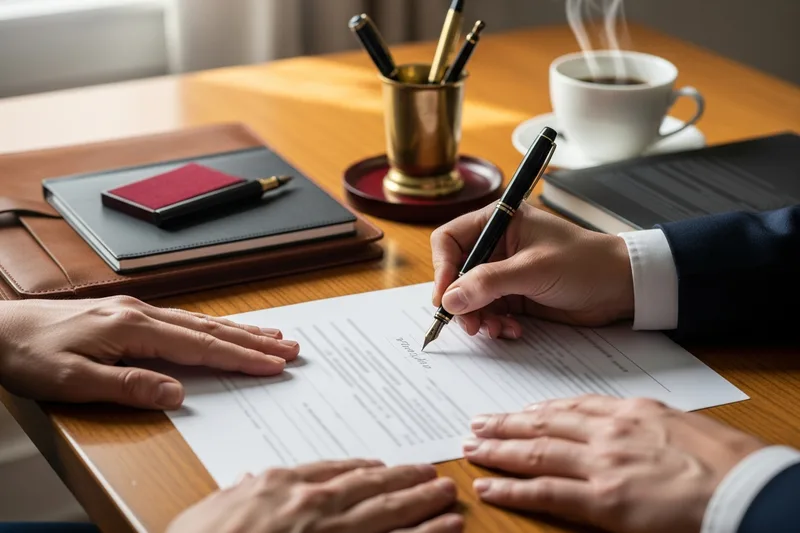 Hands signing an accounting hire agreement at a desk in a Boston office