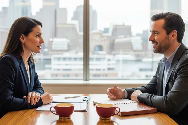 Finance hiring manager and KORE1 recruiter comparing contract and direct-hire options in a Boston office