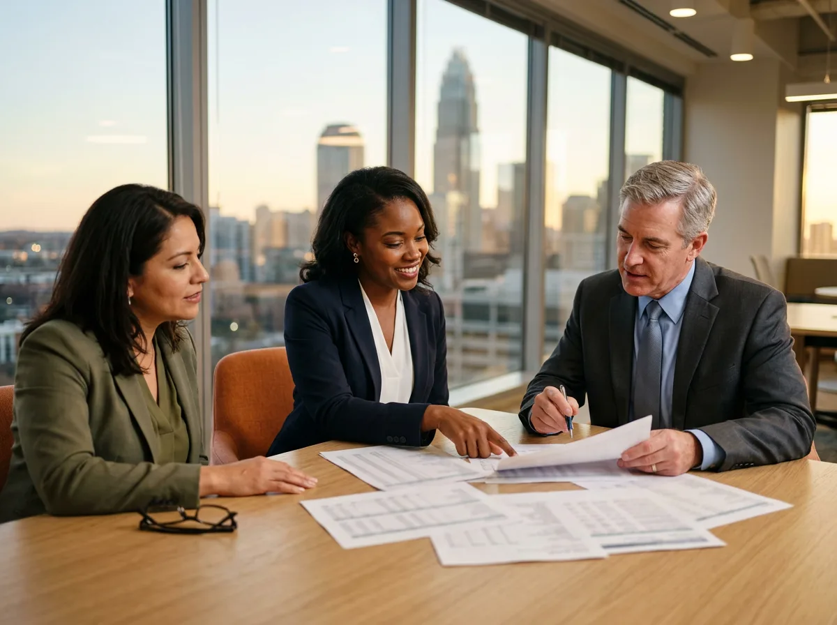 Accounting and finance professionals reviewing printed financial statements in an Uptown Charlotte office with the Bank of America Corporate Center and the banking skyline behind them, KORE1 accounting staffing
