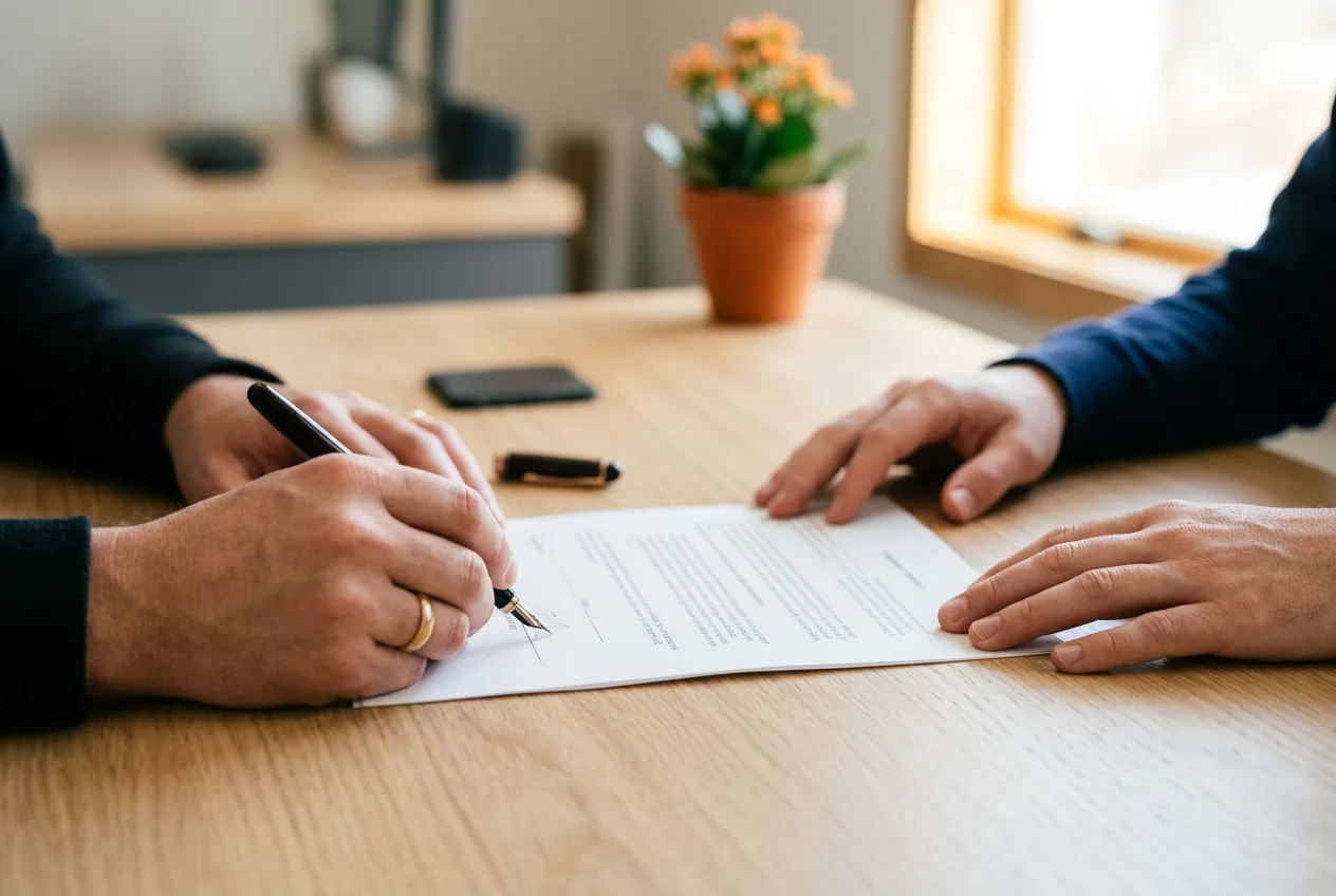 Hands finalizing an accounting hire agreement at a desk in a Charlotte office