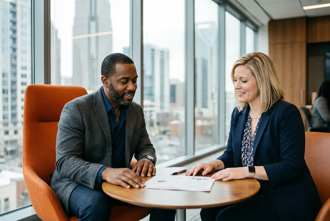Finance hiring manager and KORE1 recruiter comparing contract and direct-hire options in a Charlotte office
