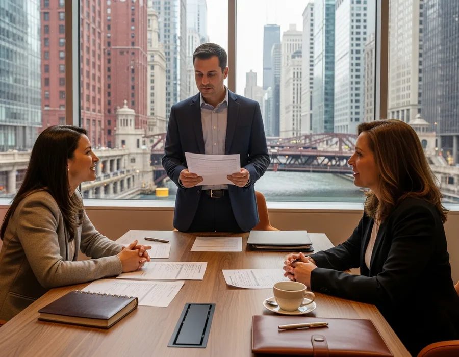 Accounting and finance professionals working in a bright downtown Chicago office overlooking the Loop skyline, KORE1 accounting staffing