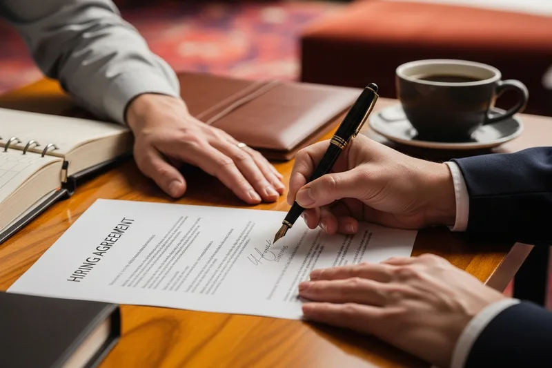 Hands reviewing and signing an accounting hire agreement at a desk in a Chicago office