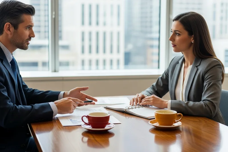 Finance hiring manager and KORE1 recruiter comparing contract and direct-hire options in a Chicago office