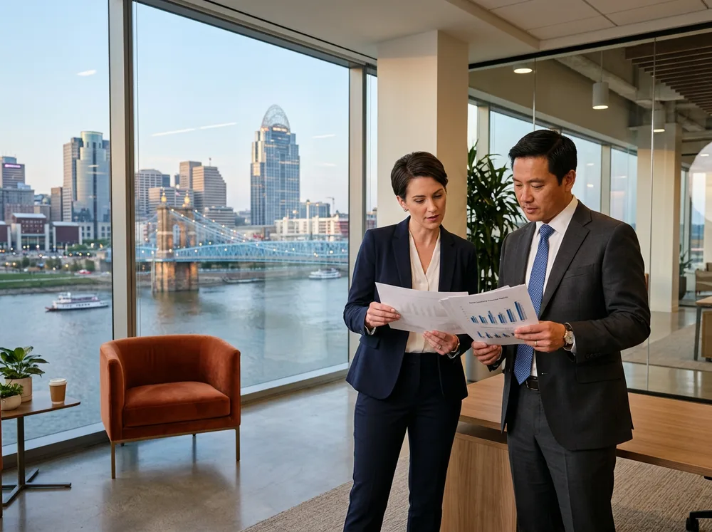 Two accounting and finance professionals reviewing printed financial statements in a downtown Cincinnati office with the Great American Tower crown and the blue Roebling Suspension Bridge over the Ohio River behind them, KORE1 accounting staffing