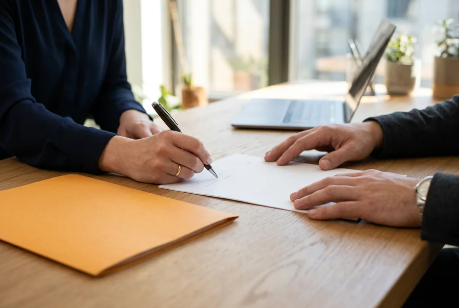 Hands finalizing an accounting hire agreement at a desk in a Cincinnati office