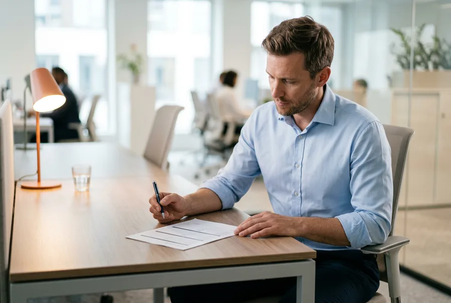 KORE1 recruiter reviewing a printed accountant candidate summary for a Cincinnati corporate finance team