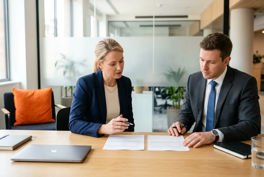 Finance hiring manager and KORE1 recruiter comparing contract and direct-hire options at a table in a Cincinnati office