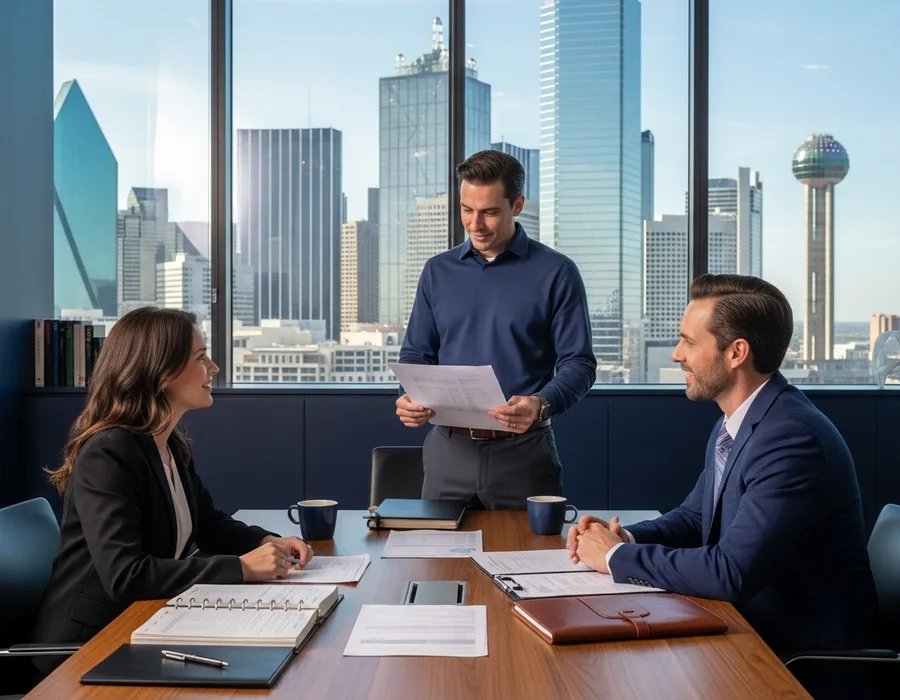 Accounting and finance professionals meeting in a downtown Dallas office overlooking the skyline and Reunion Tower, KORE1 accounting staffing
