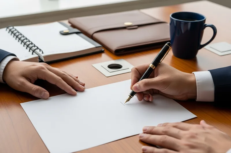 Hands signing an accounting hire agreement at a desk in a Dallas office