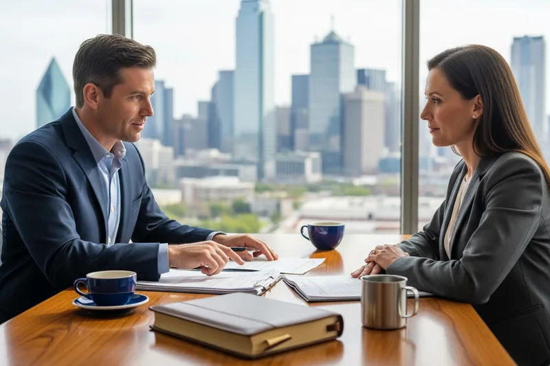 Finance hiring manager and KORE1 recruiter comparing contract and direct-hire options in a Dallas office
