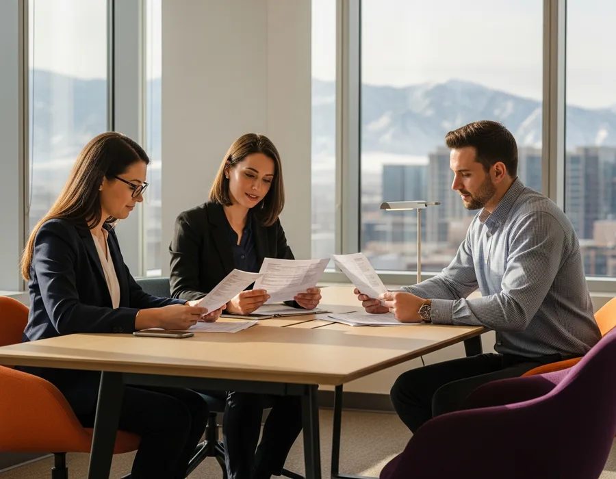 Accounting and finance professionals reviewing printed reports in a downtown Denver high-rise office with the Rocky Mountains behind them, KORE1 accounting staffing in Denver