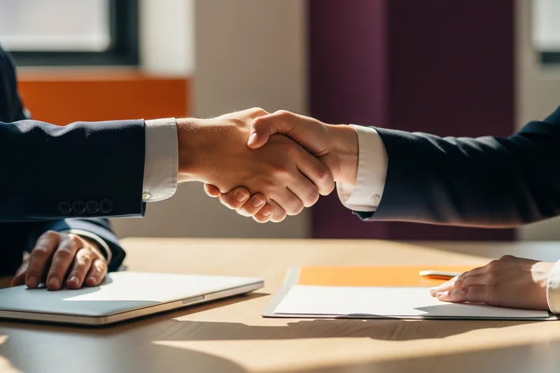Hands finalizing an accounting hire agreement at a desk in a Denver office