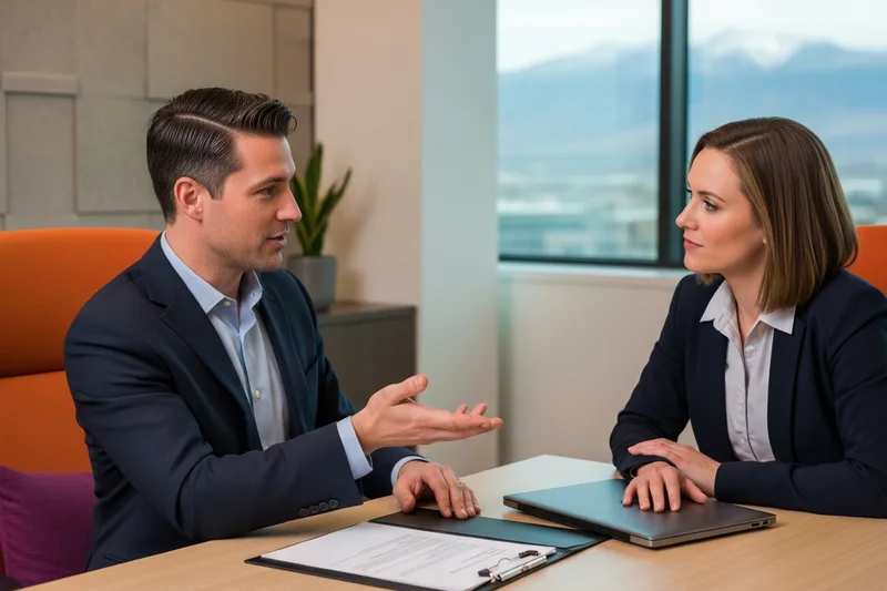 Finance hiring manager and KORE1 recruiter comparing contract and direct-hire options in a Denver office