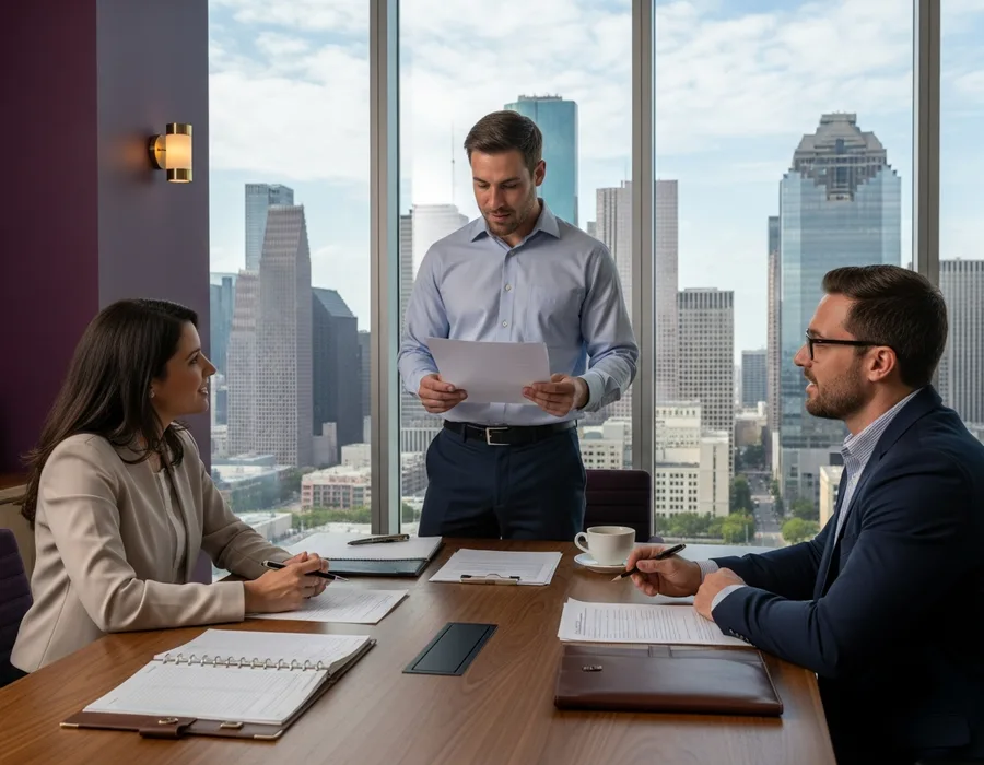 Accounting and finance professionals meeting in a downtown Houston high-rise office overlooking the skyline, KORE1 accounting staffing