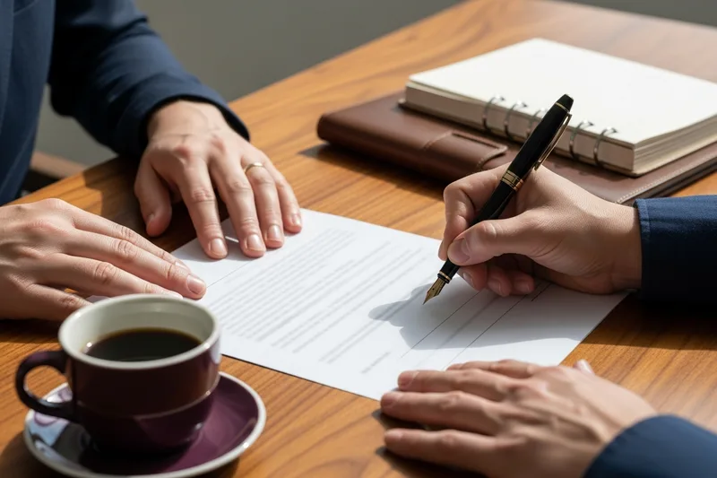 Hands signing an accounting hire agreement at a desk in a Houston office
