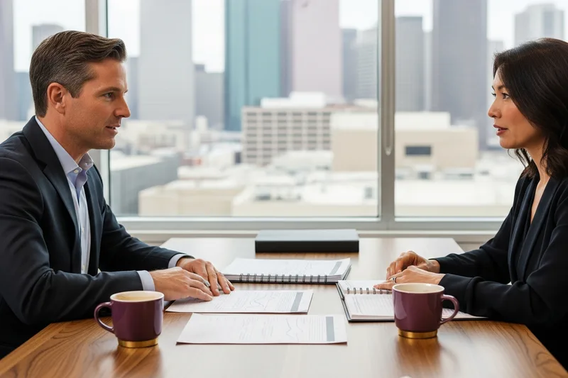 Finance hiring manager and KORE1 recruiter comparing contract and direct-hire options in a Houston office